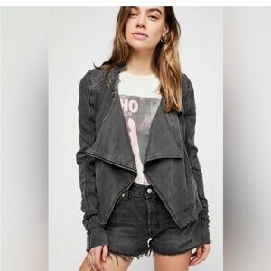 Free People Shrunken Black Acid Washed Women's Moto Jacket (L)